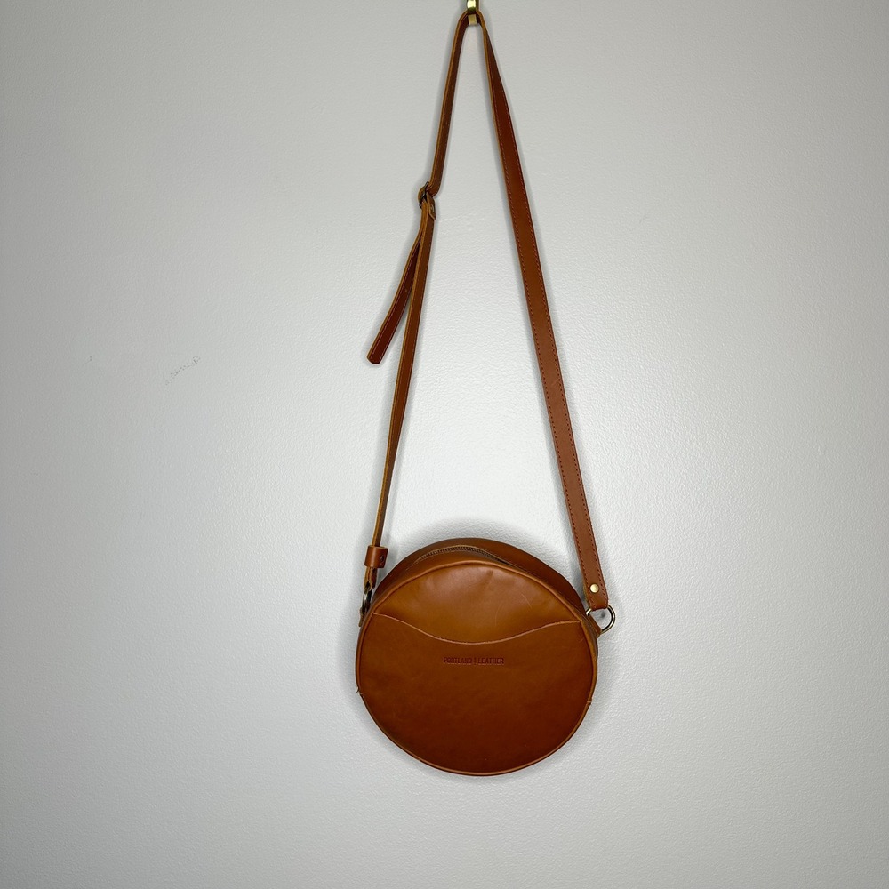 Portland Leather Goods Circle Crossbody Bag Cognac Brown Round Leather Purse